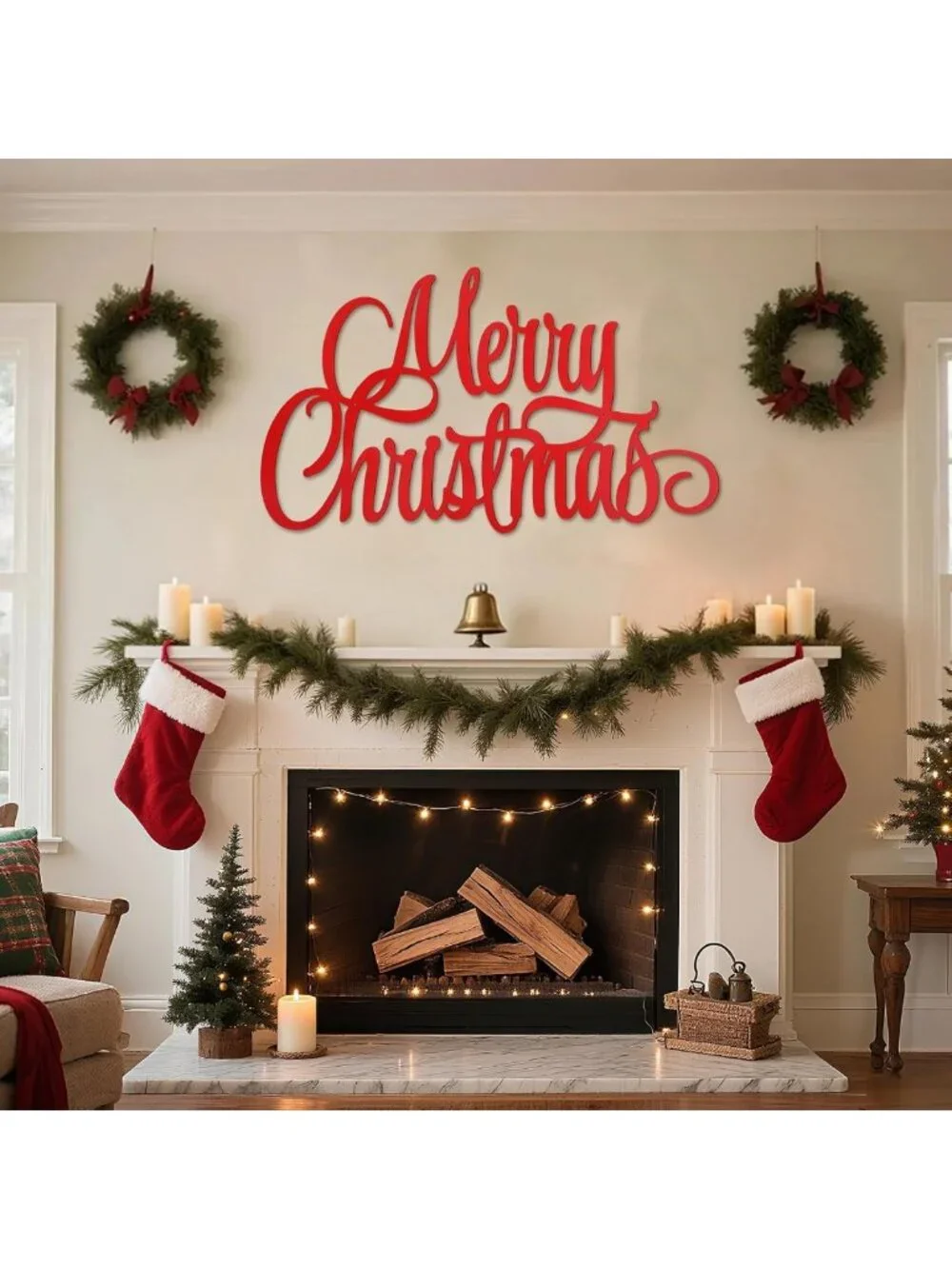 35 Inch Red Merry Christmas Metal Wall Art - Outdoor Holiday Decor